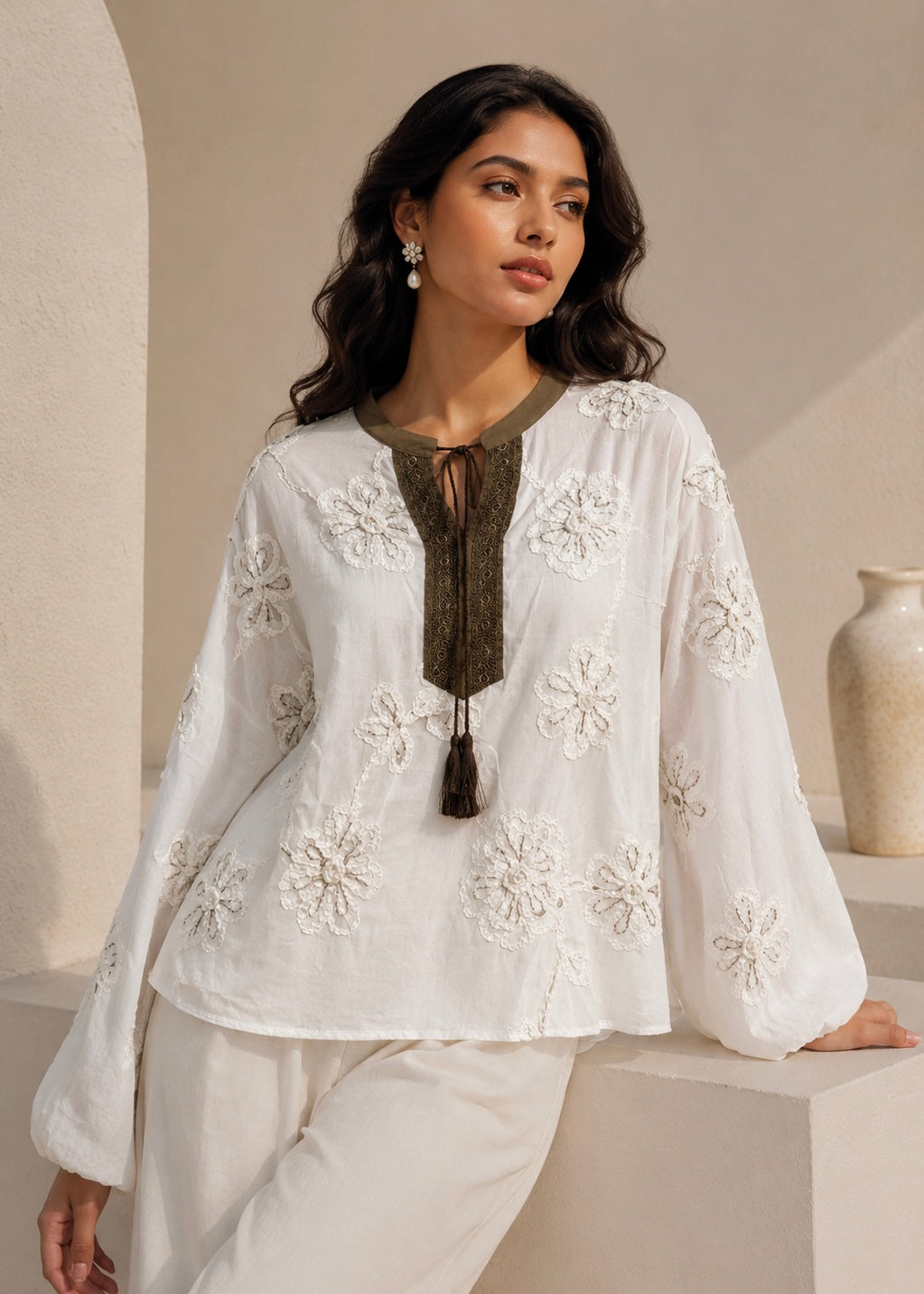 Floral Embroidered Top with Contrast Tasseled Neckline