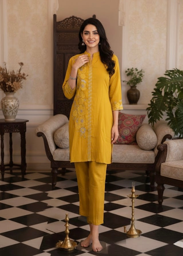 2 Pc Set - Embellished Floral Worked Kurta with Pant