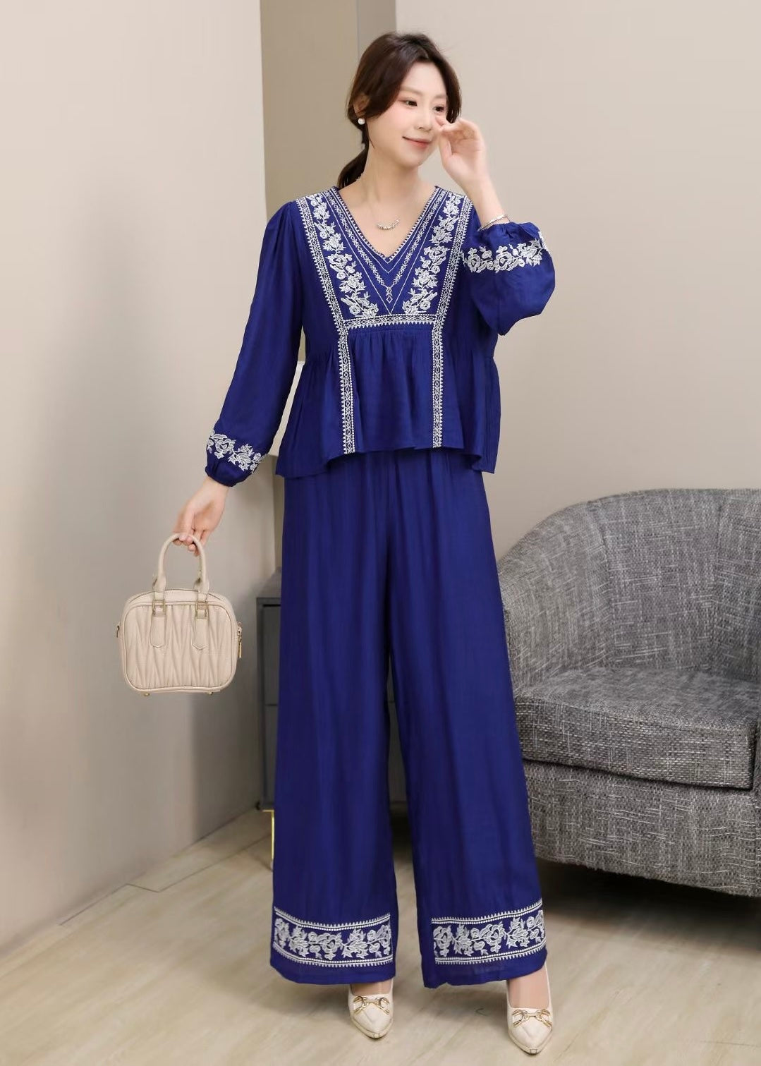 2 Pc Set - Oversized V-Neck Embroidered Top & Pant