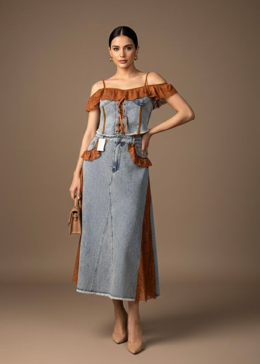 2 Pc Set - Denim Top and Skirt with Lace Detailing