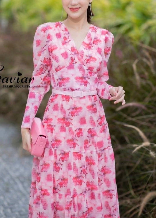 Floral Printed Long Dress with Belt