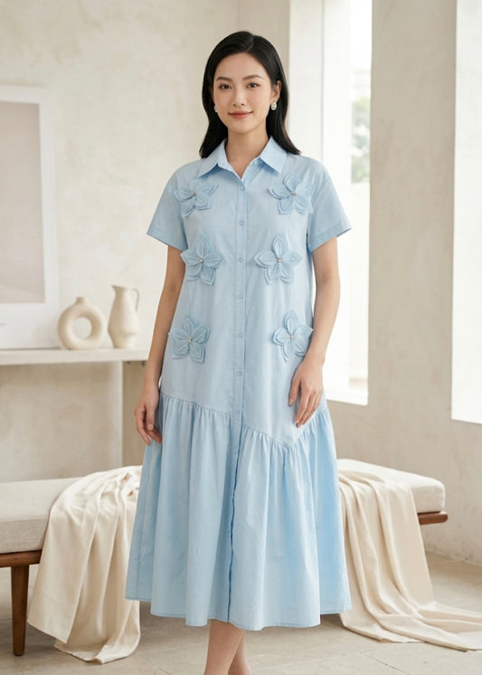 Cotton Shirt Dress with Floral Embellishments