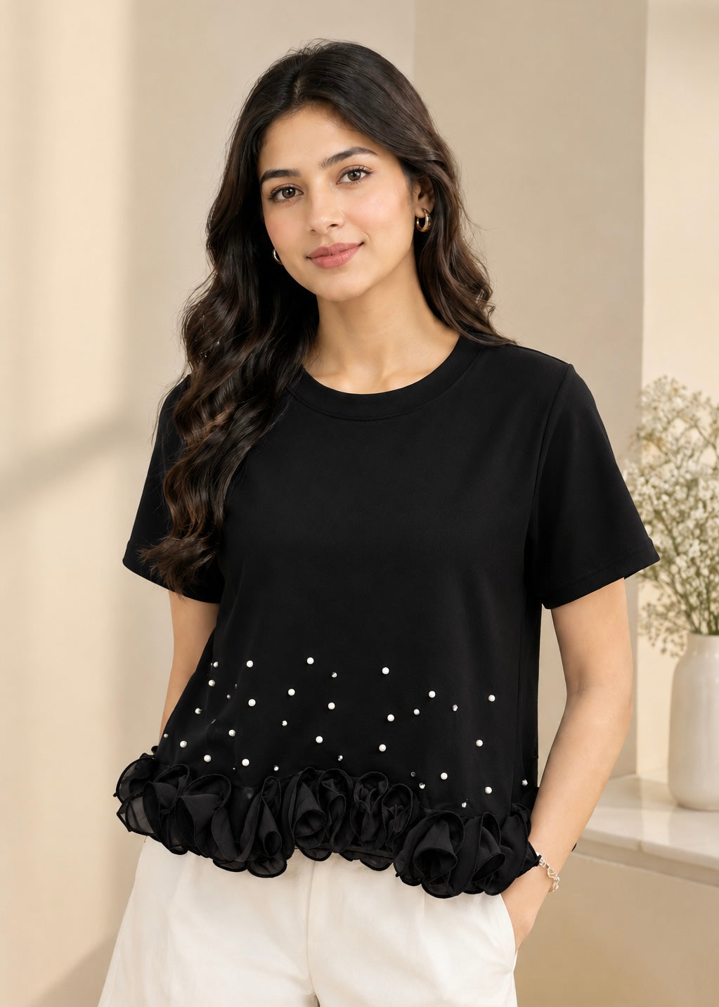 Pearl Embellished Top with Ruffle Hem