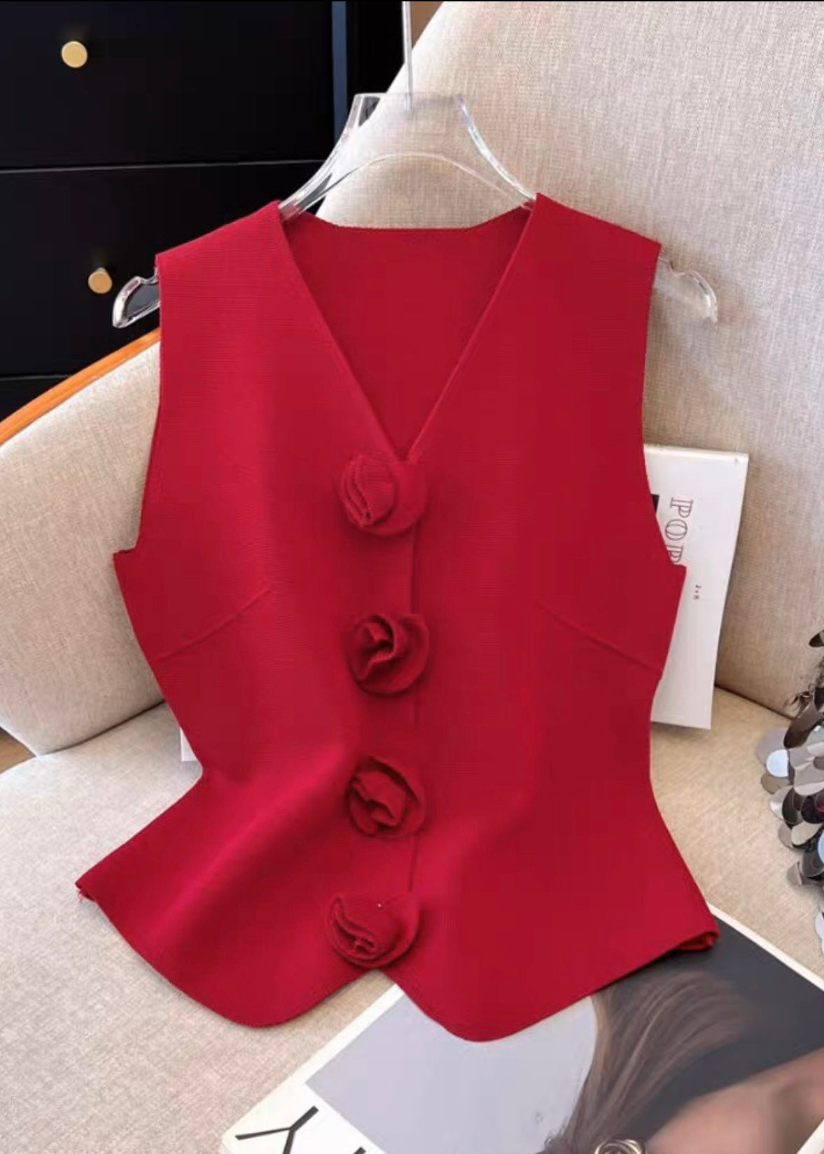 Solid Waist Coat with 3D Rose Buttons