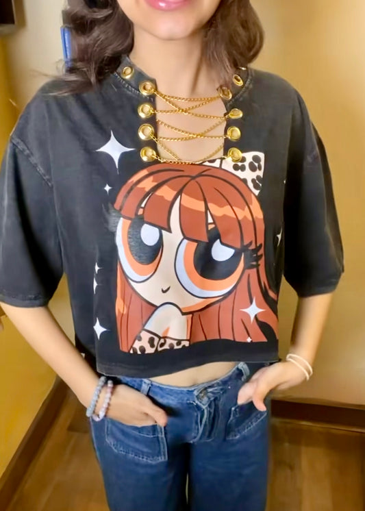 Cartoon Printed Oversized Crop T-shirt