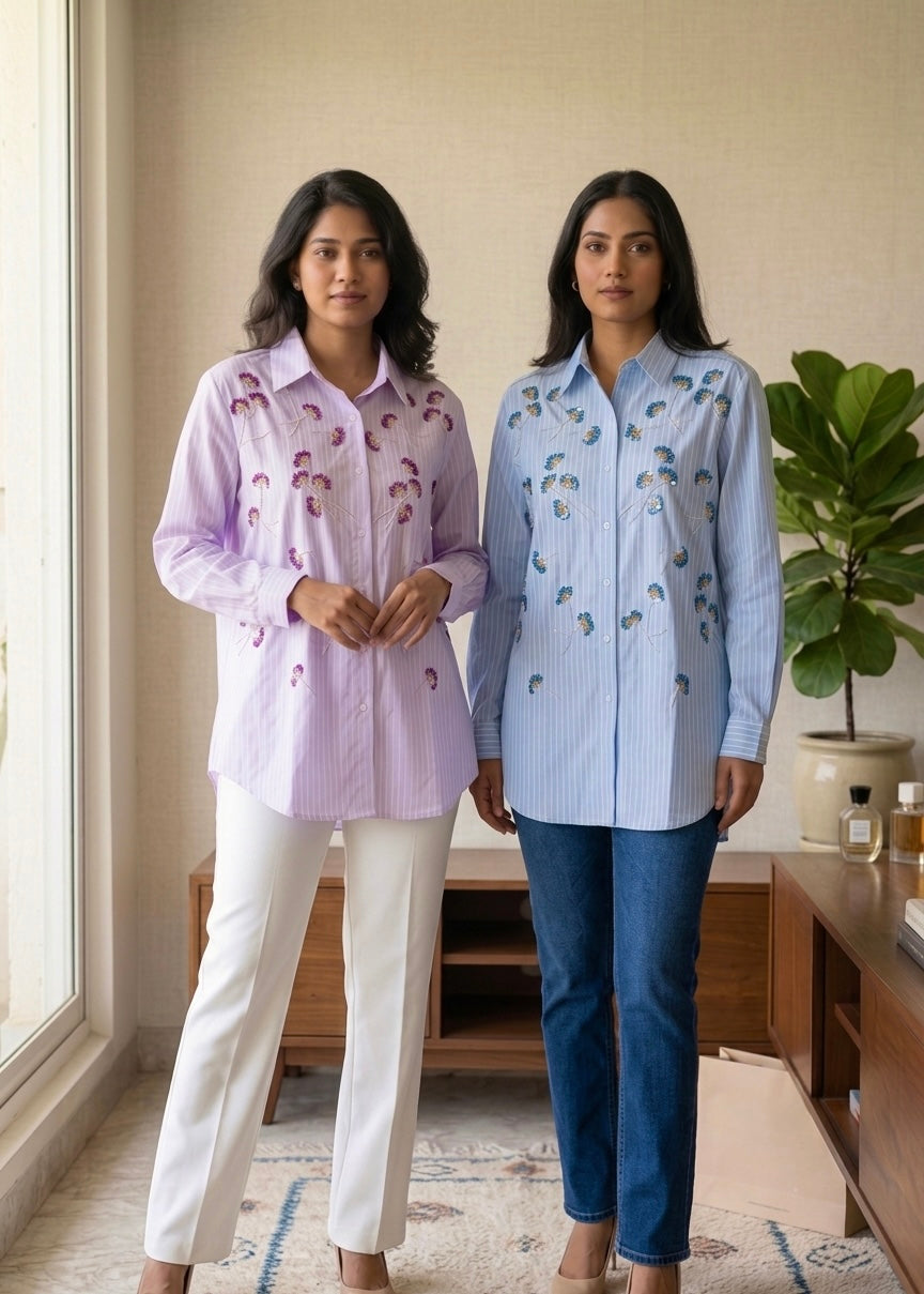 Pinstriped Shirt with Sequin Floral Embroidery