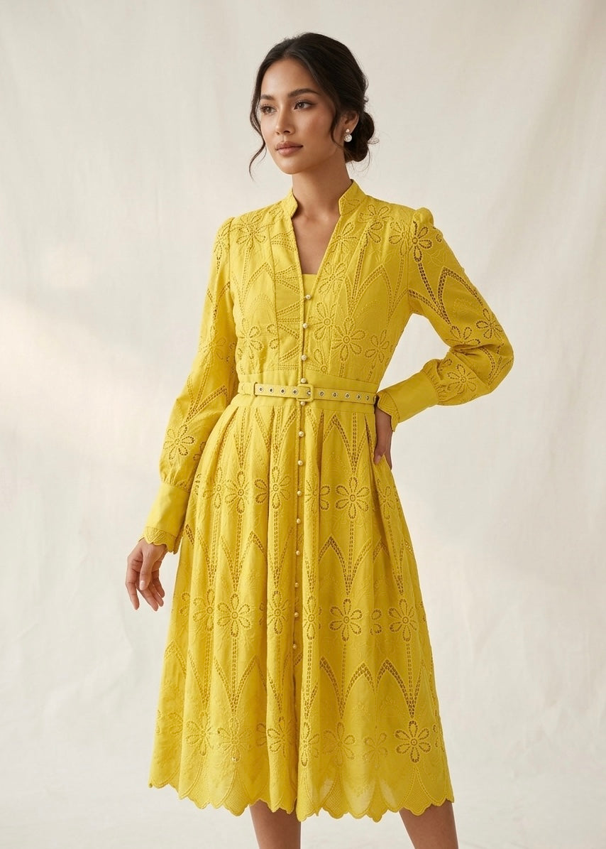 Royal Fit and Flare Cut Work Dress with Belt