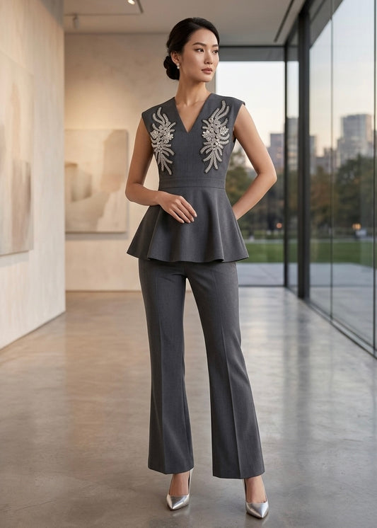 2Pc Set - Embellished Peplum Top, Pant & Broad Belt