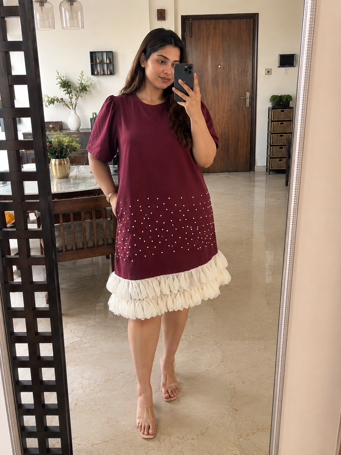 T-Shirt Dress with Pearl Embellishment & Ruffle Hem