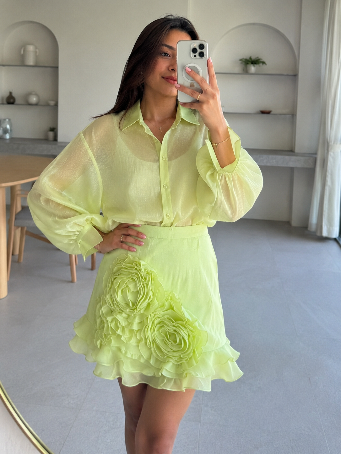 2pc Set - Organza Shirt & Rose Detailed Skirt