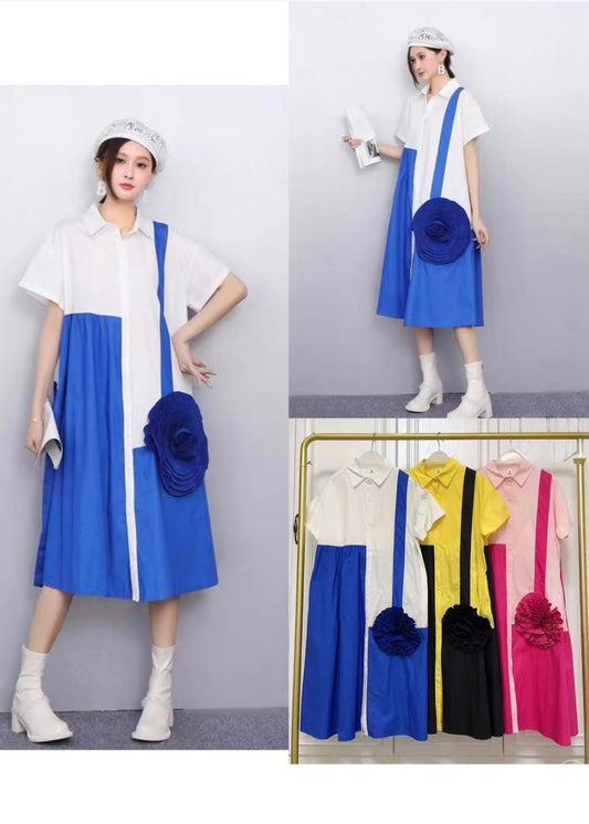 Long A-Line Cotton Half n Half Dress with Flower