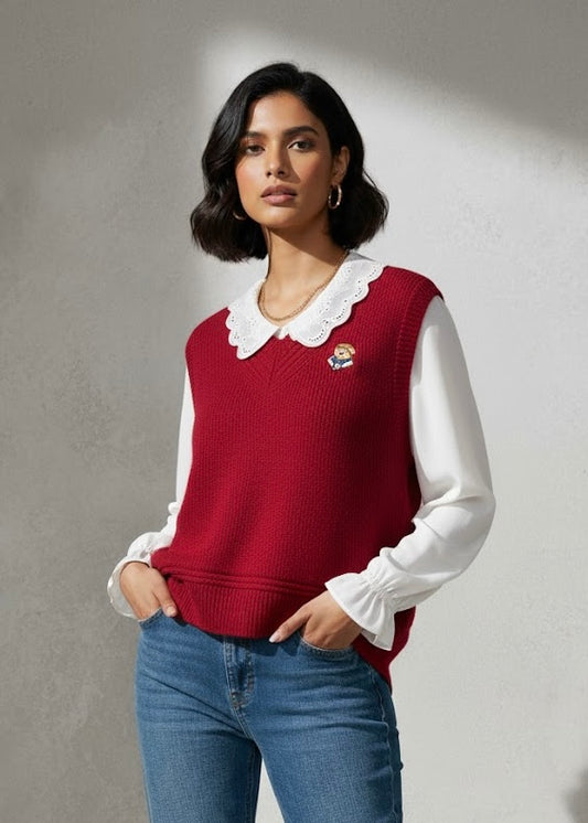 2 Pc Set - White Shirt with Sleeveless Sweater