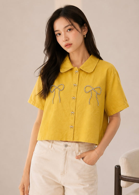 Short Denim Shirt with stone Studded Bows