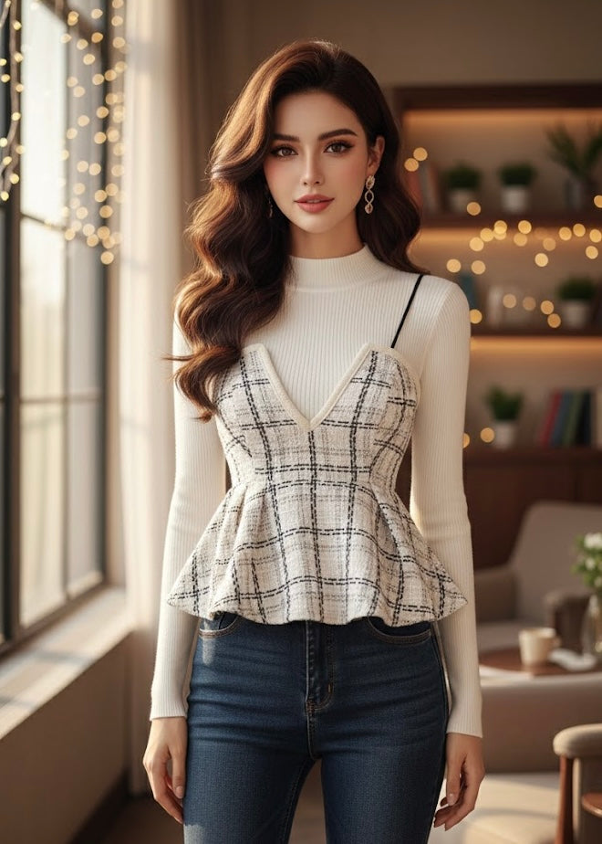 2Pc Set - High Neck Top with Tweed Peplum Top