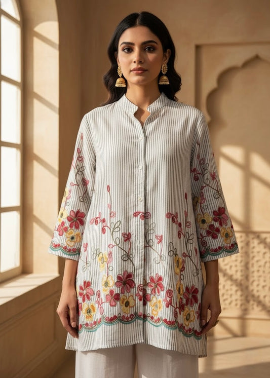 Striped Shirt with Floral Embroidery