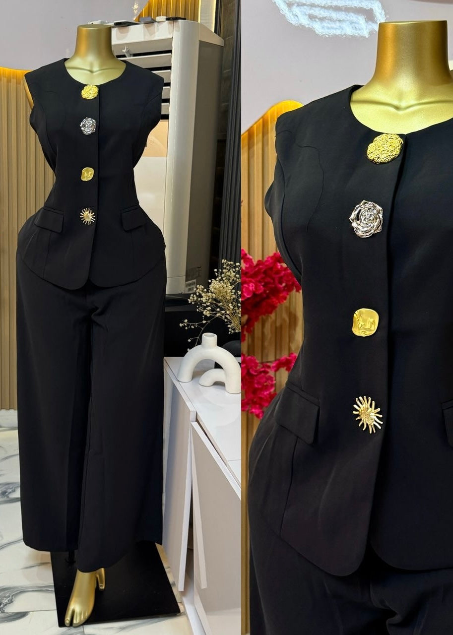 2 Pc Set - Abstract Buttoned Waist Coat with Trouser Pant