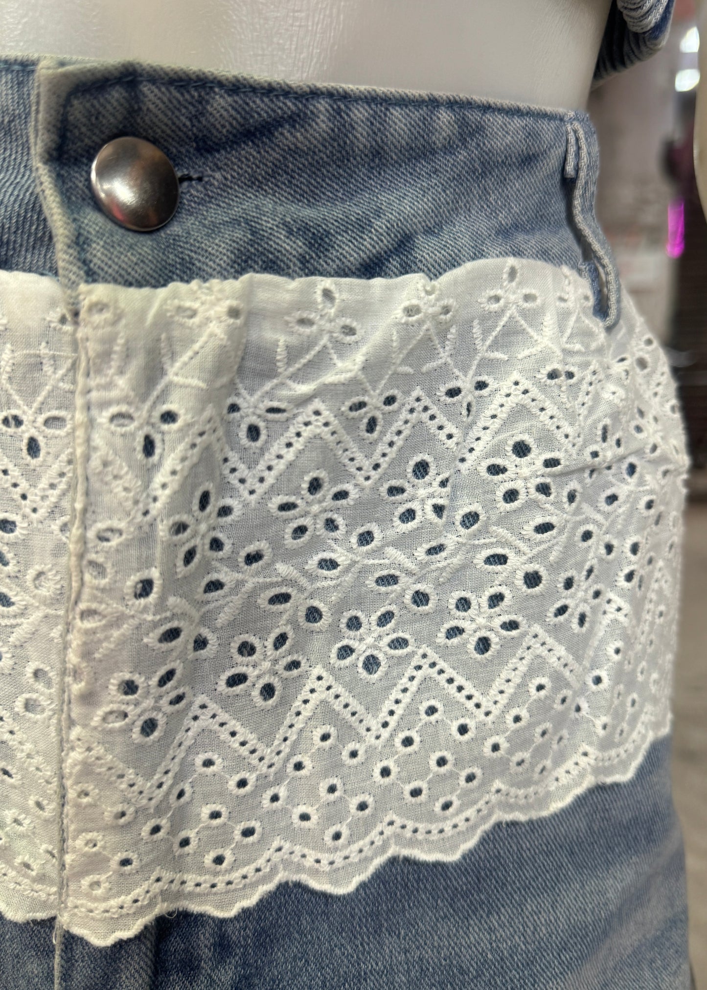 2 Pc Set - Denim Top and Pant with Lace Detailing