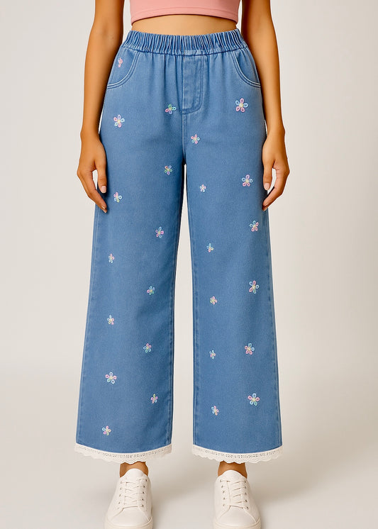 Colourful Floral Embroidered Denim Wide Legged Pant