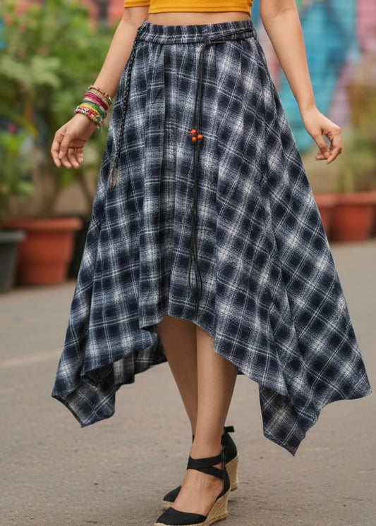 A-Line Checkered Skirt with Asymmetrical Hemline