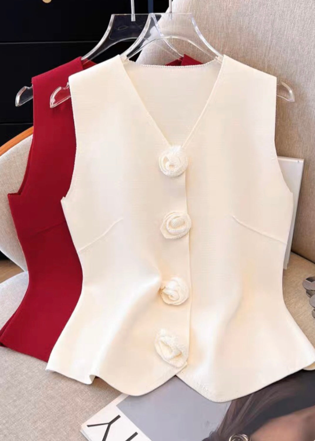 Solid Waist Coat with 3D Rose Buttons