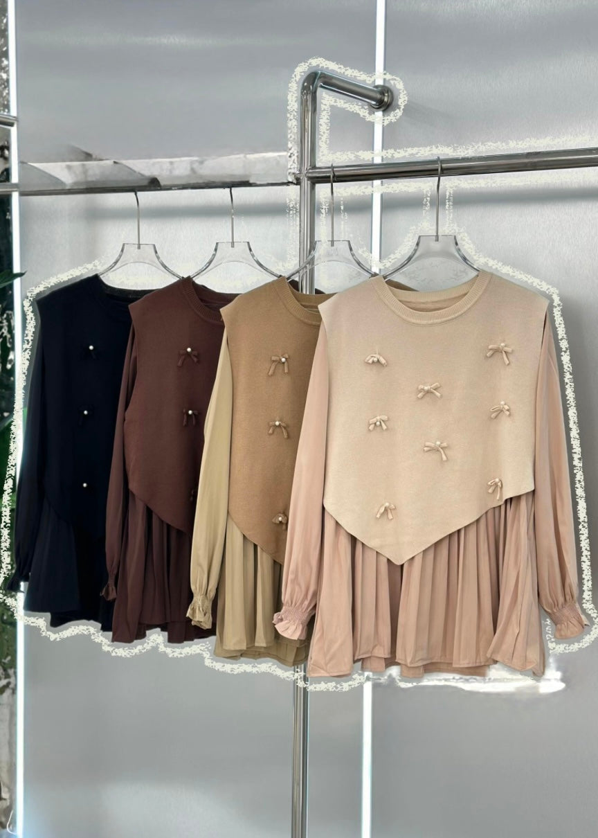 2 Pc Set - Pleated Top with Sweater adorned with Bows and Pearls