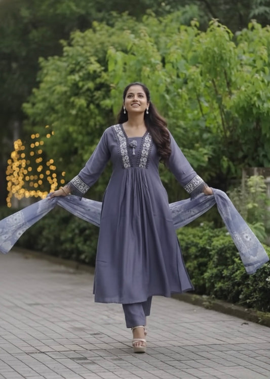 3 Pc Set - Festive Embroidered Kurta, plain Pant and Dupatta