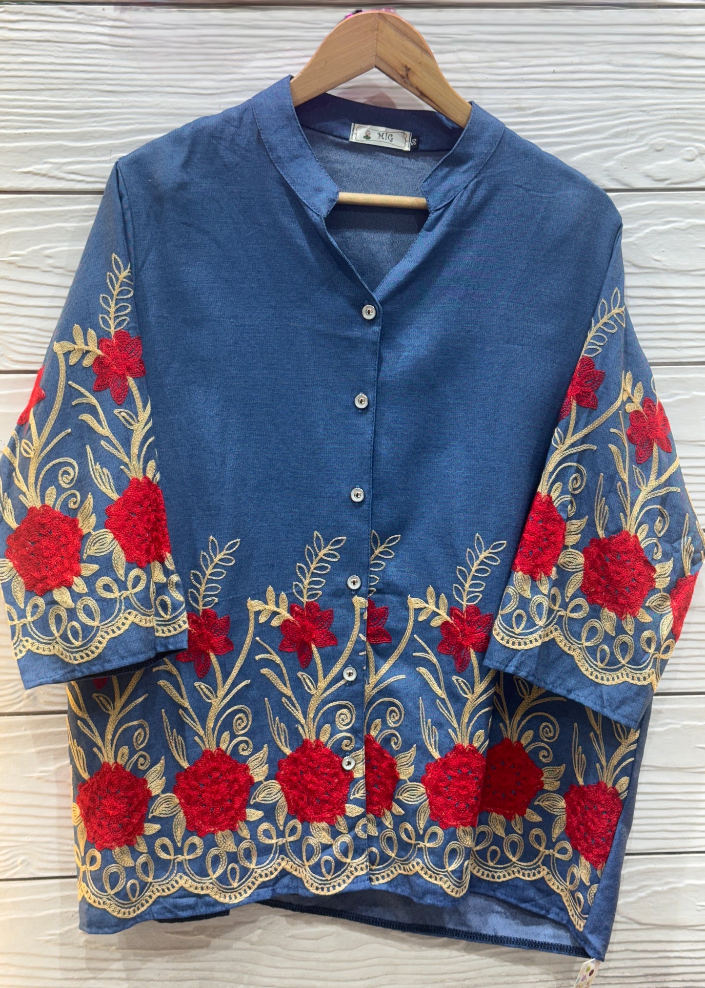 Light Denim Shirt with Floral Embroidery
