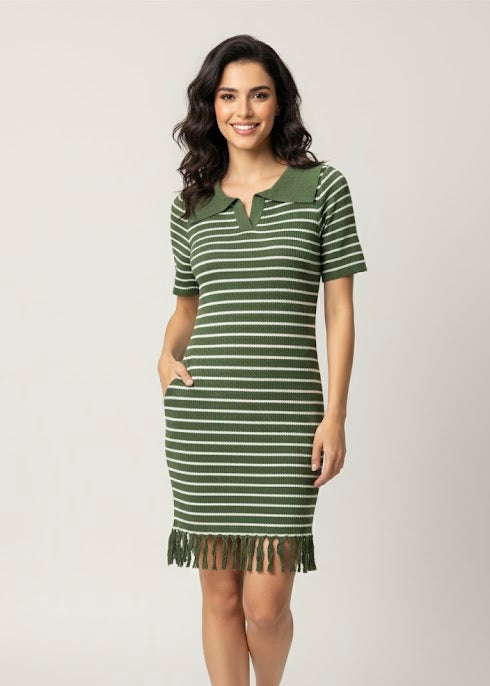 Striped Knitted Dress with Fringes on Hemline