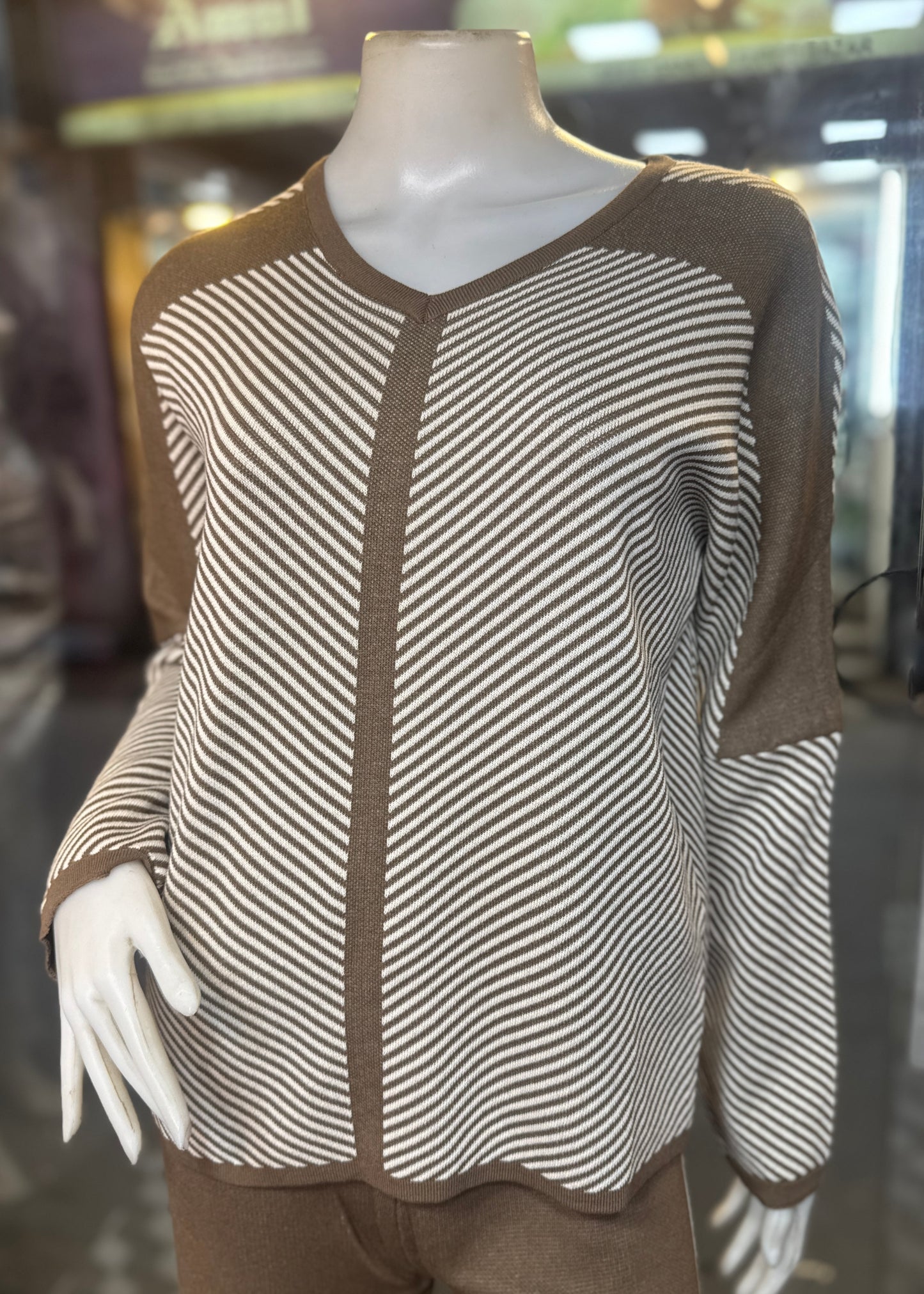 2 Pc Set - Striped Knitted Top with Plain Knitted Pant