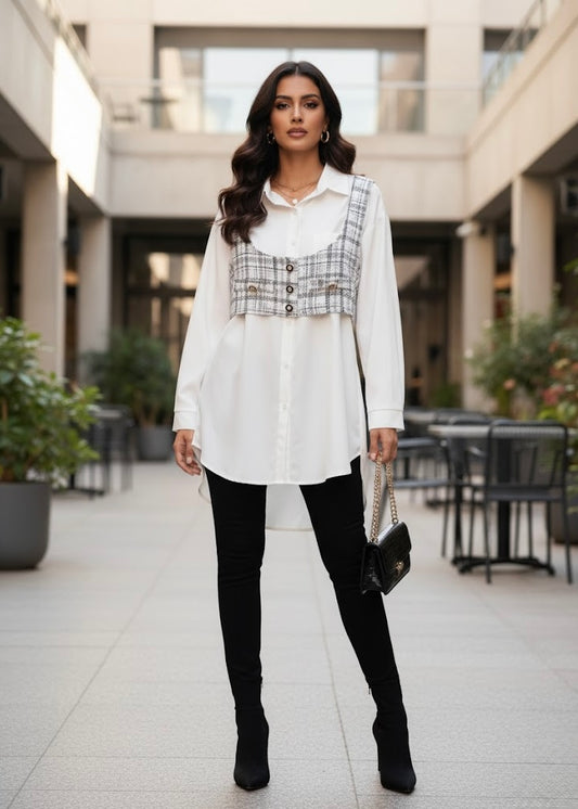 Long White Shirt with Crop Tweed Waist Coat