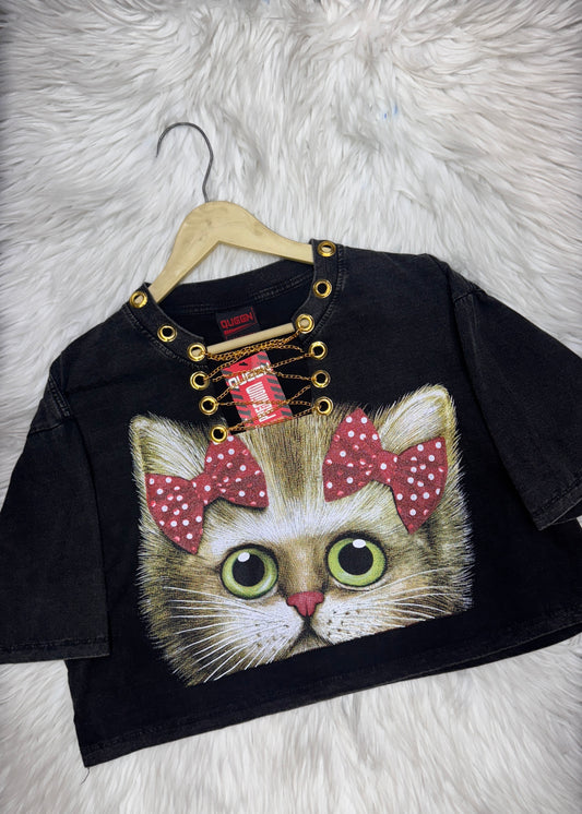 Cat Face Printed Oversized Crop T-shirt.