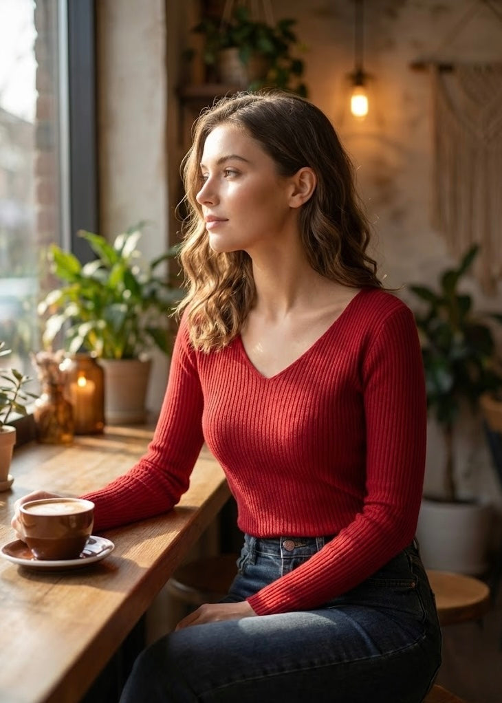 Plain V-Neck Knitted Top