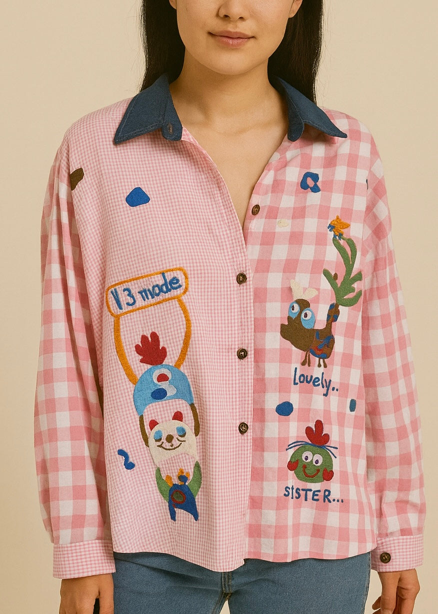 Half Plain Half Checkered Cartoon Shirt