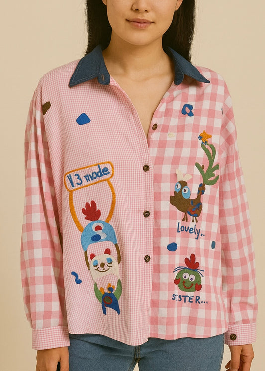 Half Plain Half Checkered Cartoon Shirt