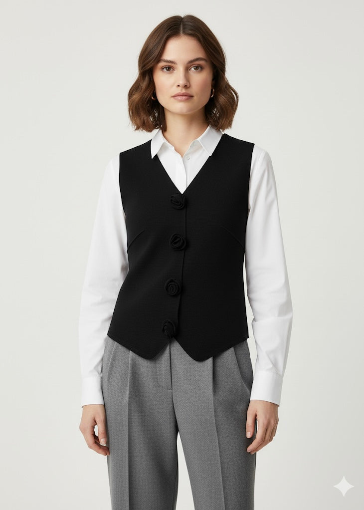 Solid Waist Coat with 3D Rose Buttons