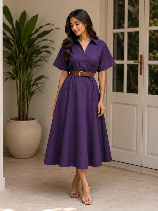 Plain Cotton Belted Dress with Collar