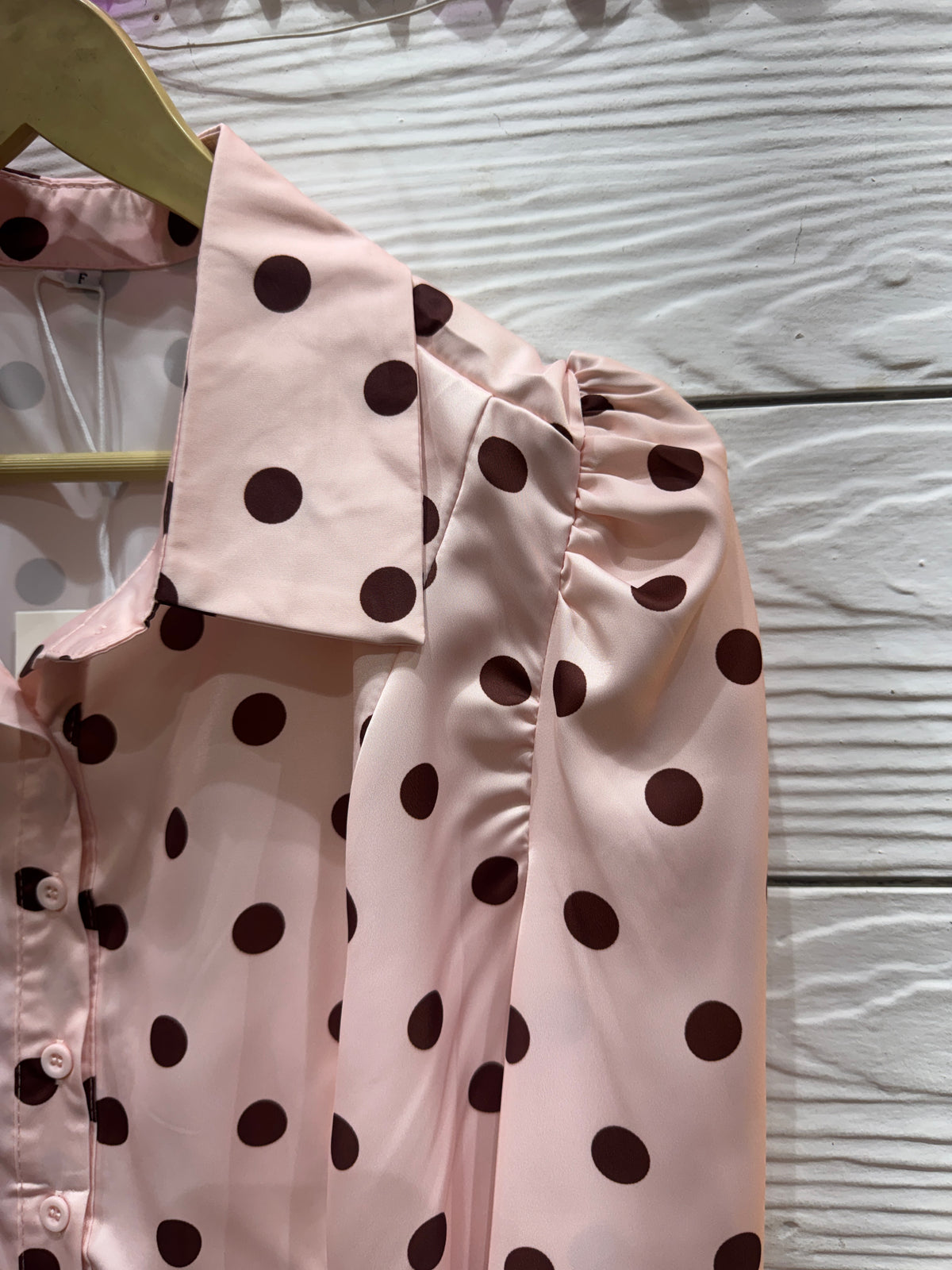 Satin Polka Dot Shirt with Mesh Hemline