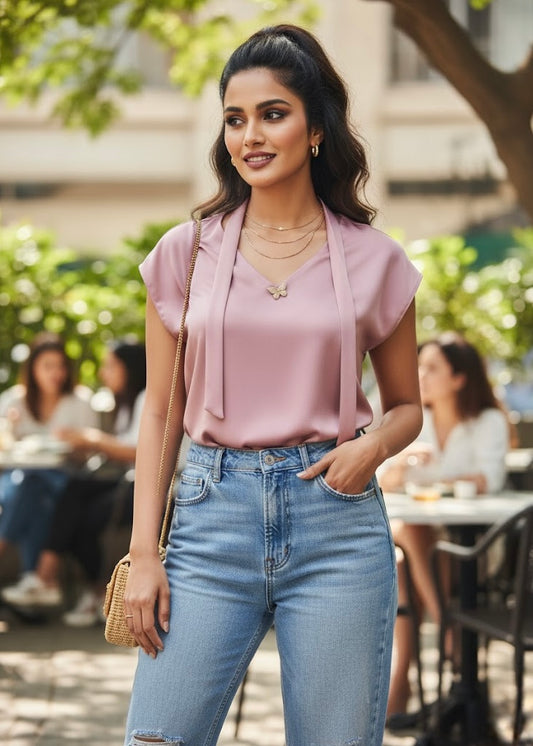 Plain Satin Top with Butterfly Brooch