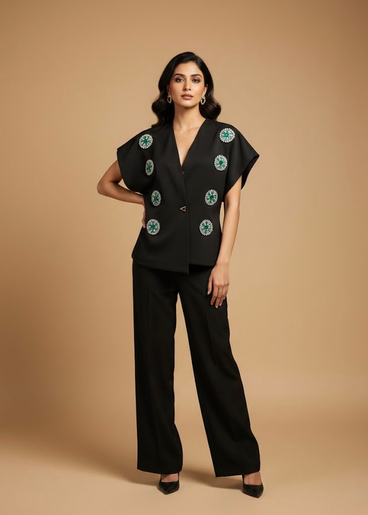 2 Pc Set - Stone Studded Waist Coat Top with Trouser.