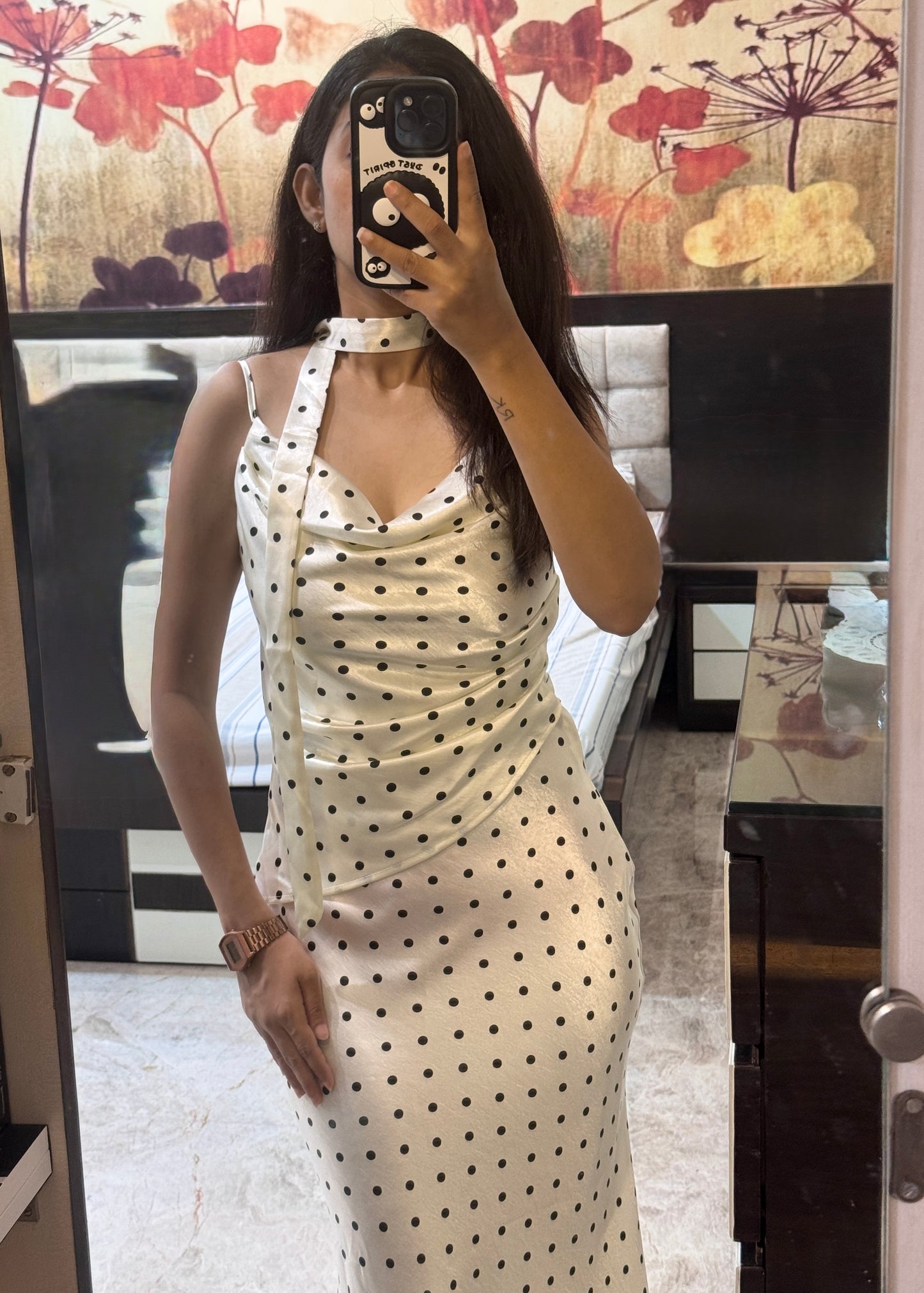 Polka Dot Printed Bodycon Satin Dress