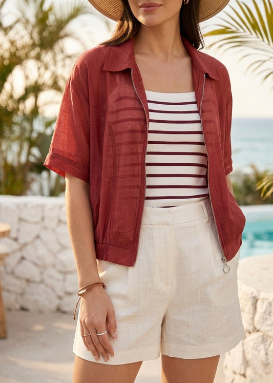 Semi Sheer Front Chain Shirt with Knitted Striped Inner