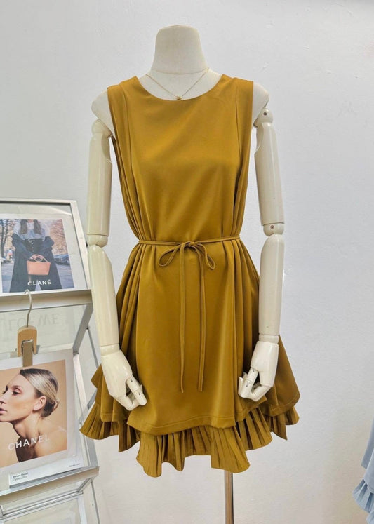 Plain Satin Dress with Pleated Hemline