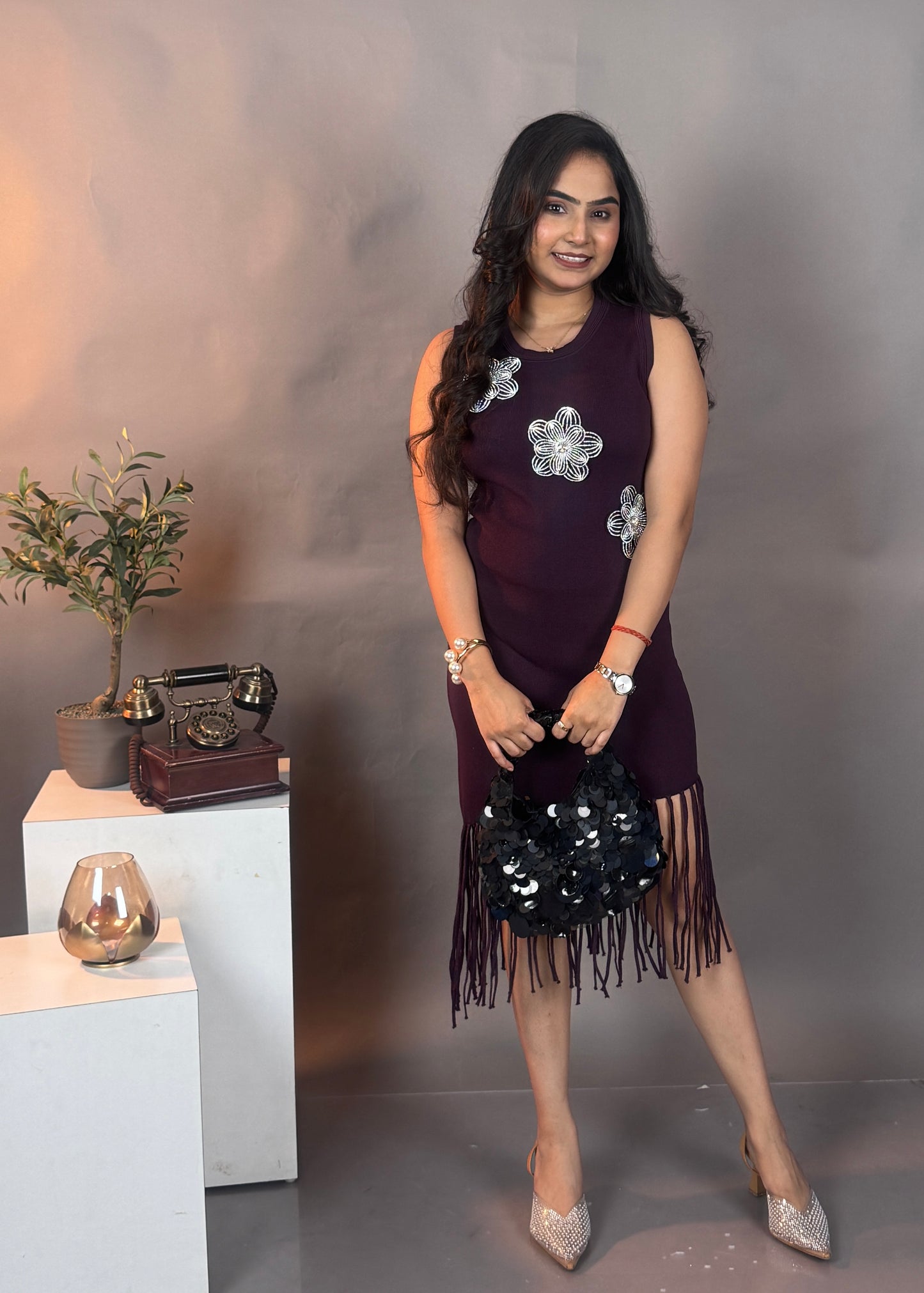 Knitted Partywear Midi Dress with Stone Work