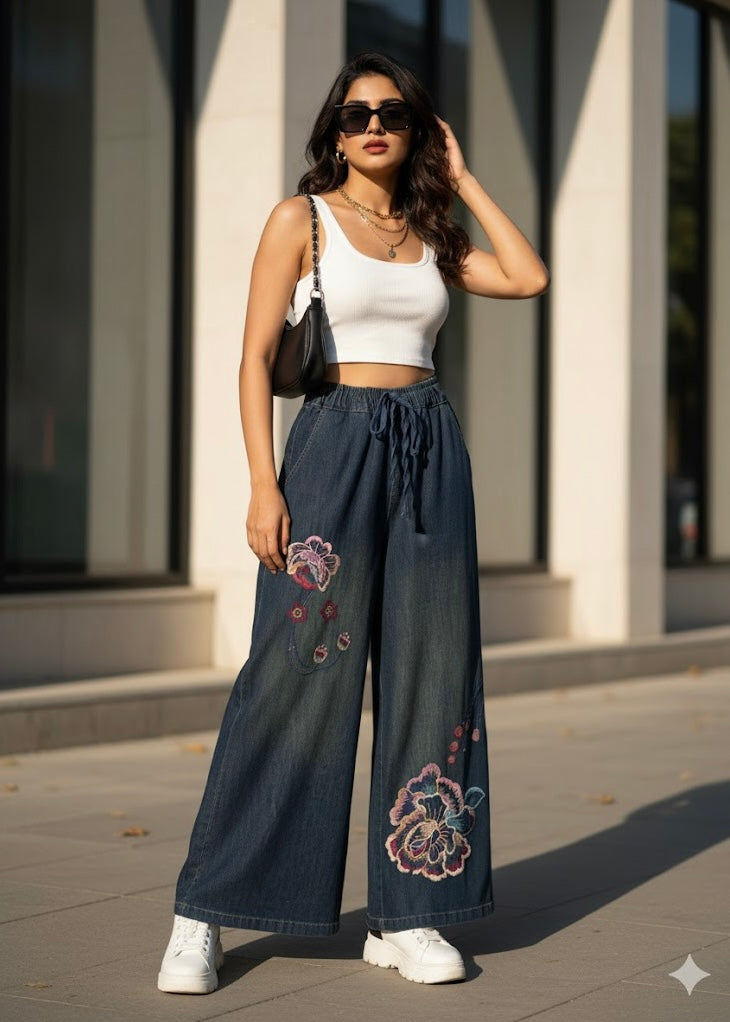 Wide Legged Denim Pant with Floral Embroidery