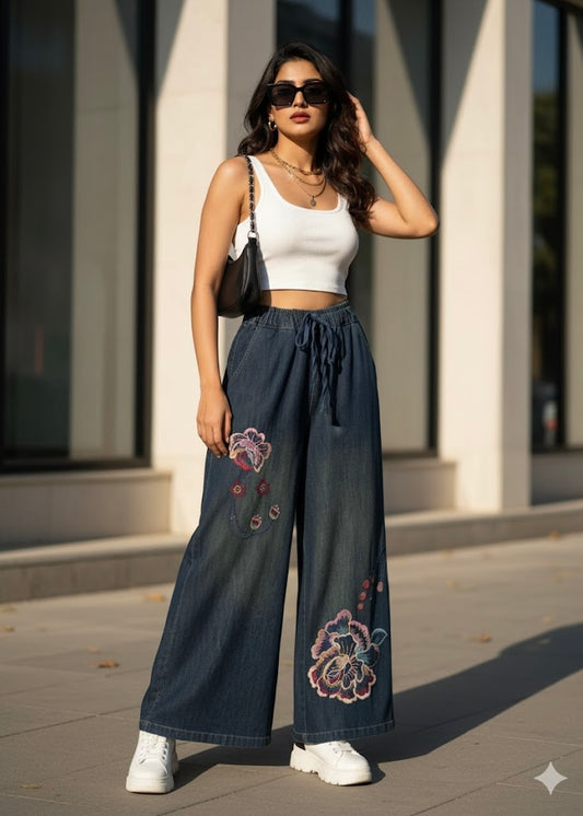Wide Legged Denim Pant with Floral Embroidery