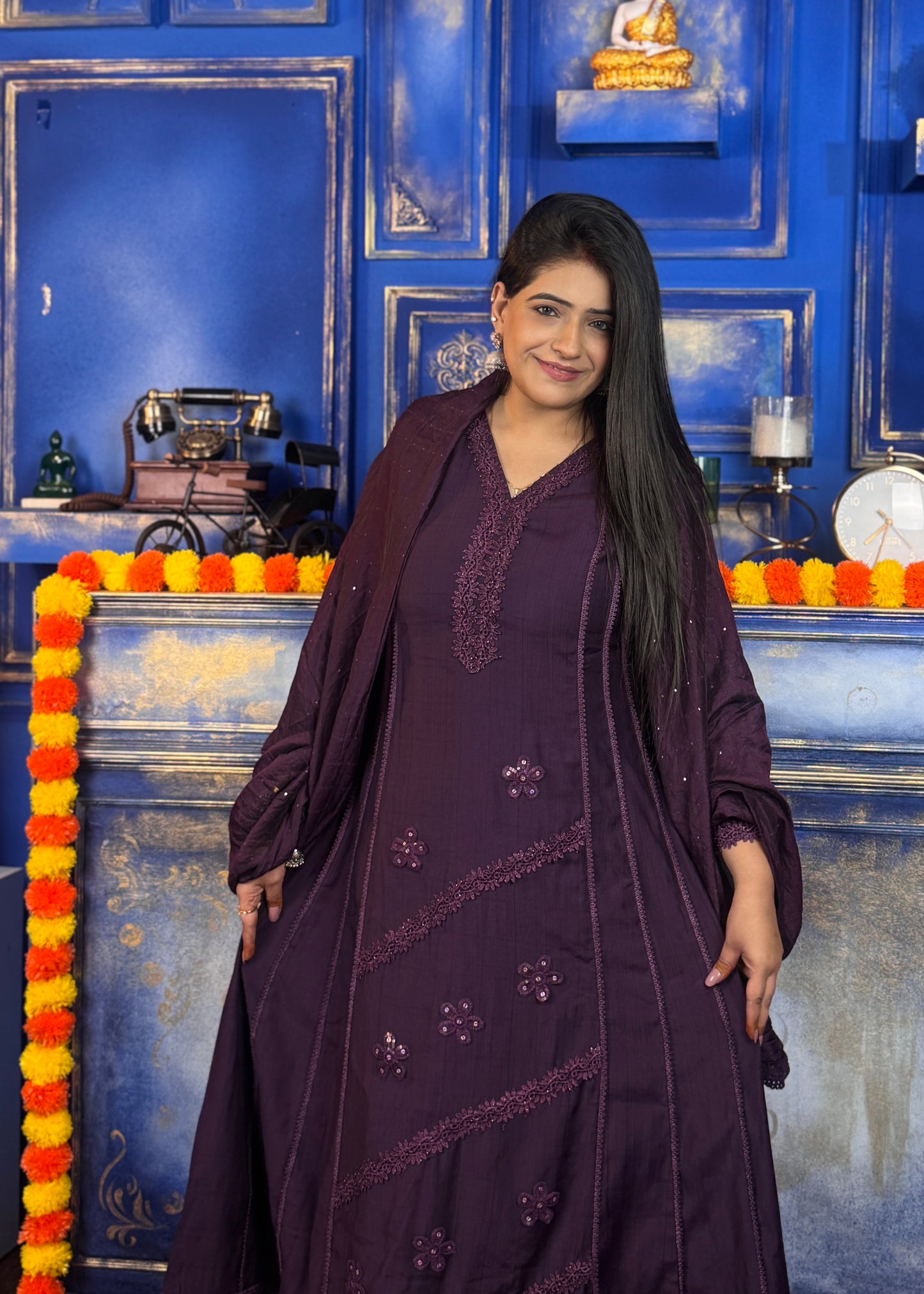 3 Pc Set - Festive Embroidered Kurta, plain Pant and Dupatta