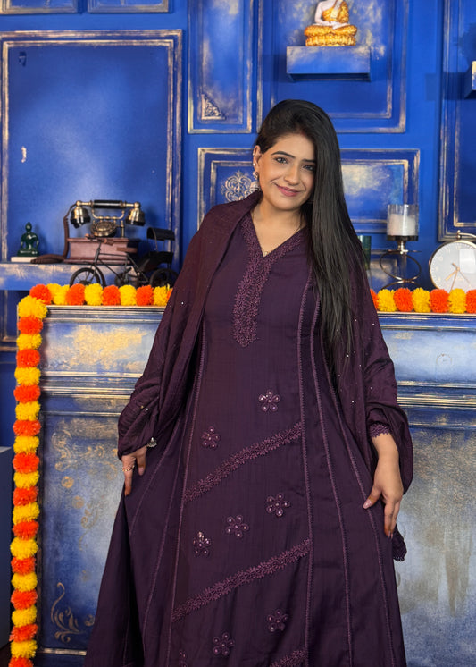 3 Pc Set - Festive Embroidered Kurta, plain Pant and Dupatta