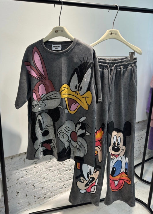 2 Pc Set - Cartoon Printed Oversized T-shirt & Pant set.