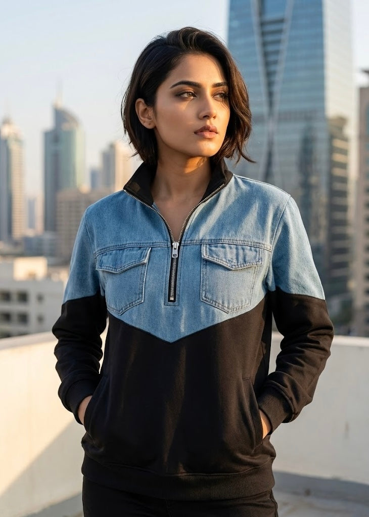 Sweatshirt with Half Denim Patch