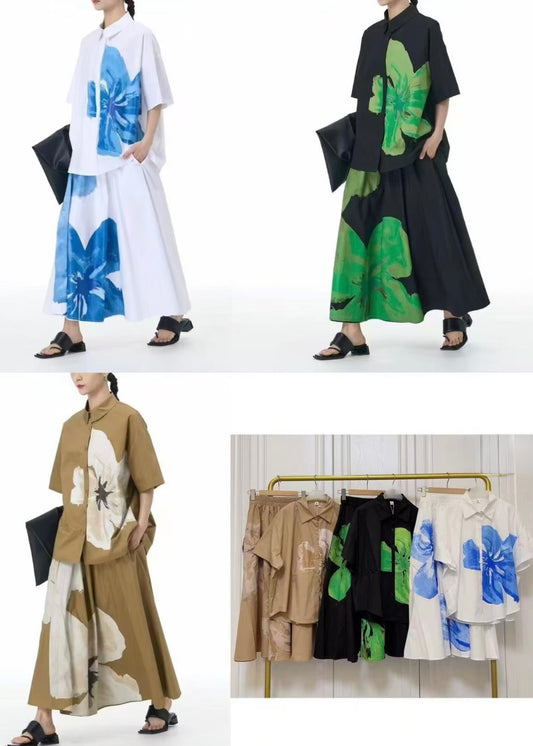 2 Pc Set - Floral Printed Shirt with Long Flared Skirt